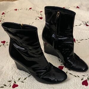 Gucci Black Patent Leather Wedge Booties 38 1/2
